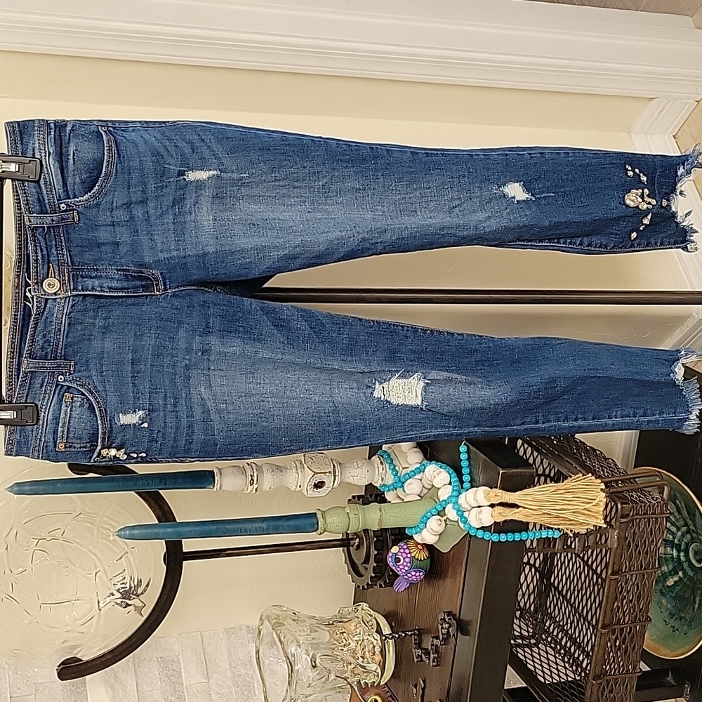 INC International Concepts Embellished/Distressed Blue Denim Jeans, 4